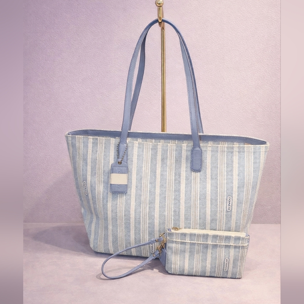 Sold! Coach Blue & Ivory Striped Canvas Tote + Matching Wristlet Set